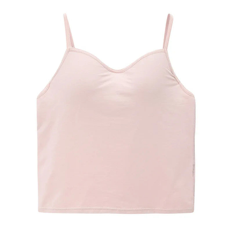 Cotton Knitted Solid Color Chest Pad Sling Top Deep V Neck Slim Bra Integrated Vest for Women One Piece Sleepwear Pajamas