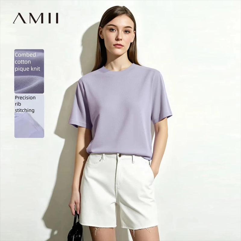 Amii Breathable Women's T-shirt 2026 Summer New Round Neck Short Sleeve Cotton T Shirts Woman Loose Simple Casual Tee 12622207