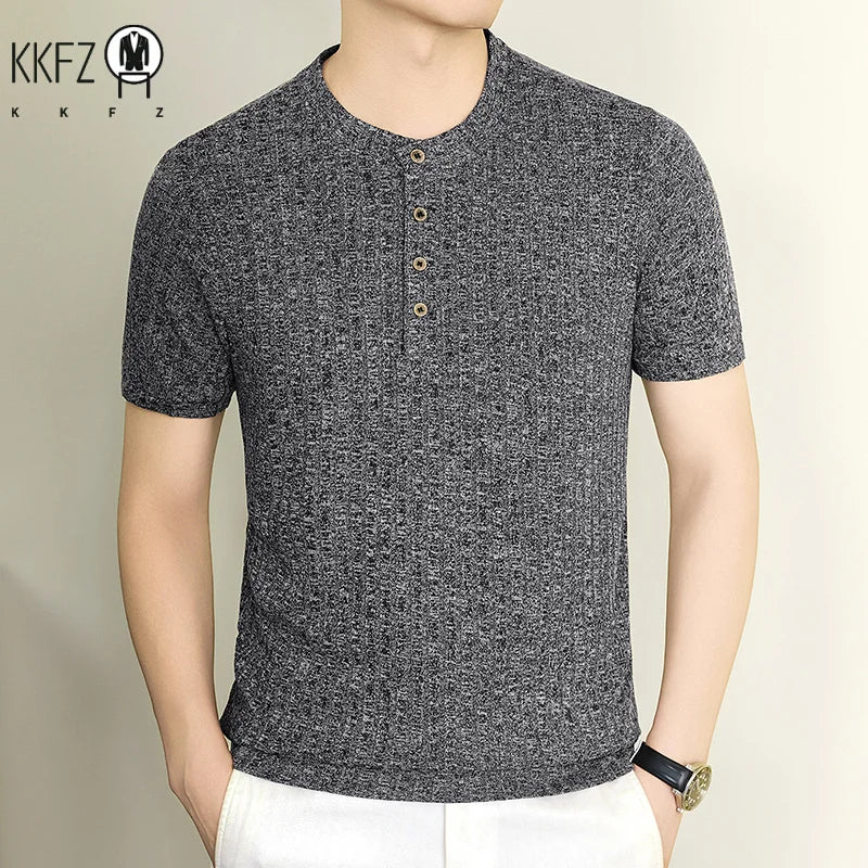 Daily Street Style Mens Speckle Textured Henley T Shirt Soft Knit Material Pub Visit Casual Dating And Short Trip Garment