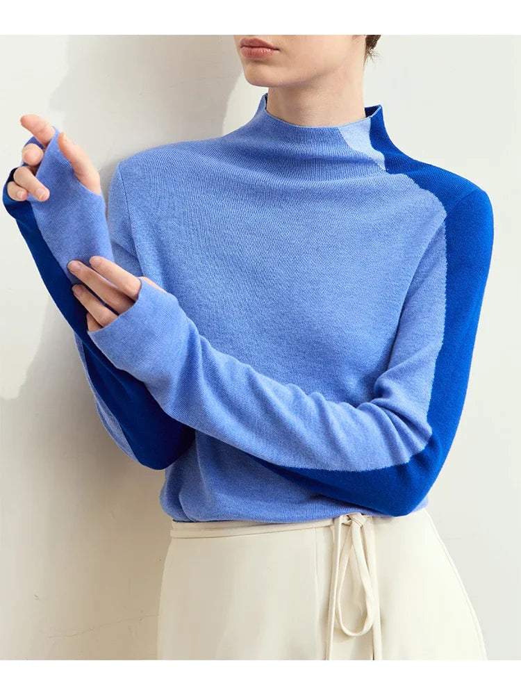 Amii Minimalism Women's Sweater 2026 Autumn New Basic Mock Neck Sweater for Woman Patchwork Slim Long Sleeve Tops Ladies12443133