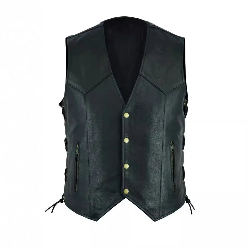 2026 Men's Black V-neck Sleeveless Vest, Single-breasted with Lace-up Trim on Both Sides Waistcoat S-XXXL