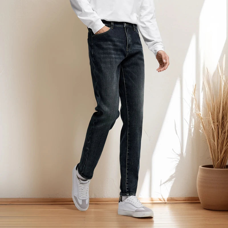 Semir Men Jeans Fleece Lined Stretch Skinny Fit Whisker Wash 2026 Vintage Commuter Warm Slim Urban Casual Denim Trousers