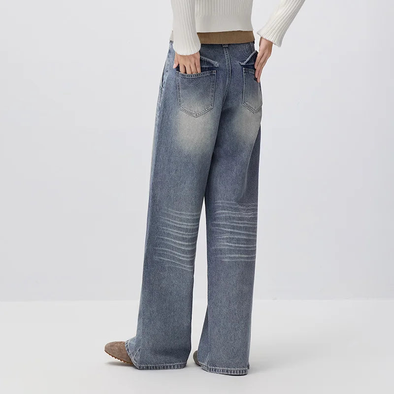 Semir Women Jeans Whisker Gradient Loose Wide Leg Retro Street Style Long Denim Pants Autumn Urban Daily Wear 2026