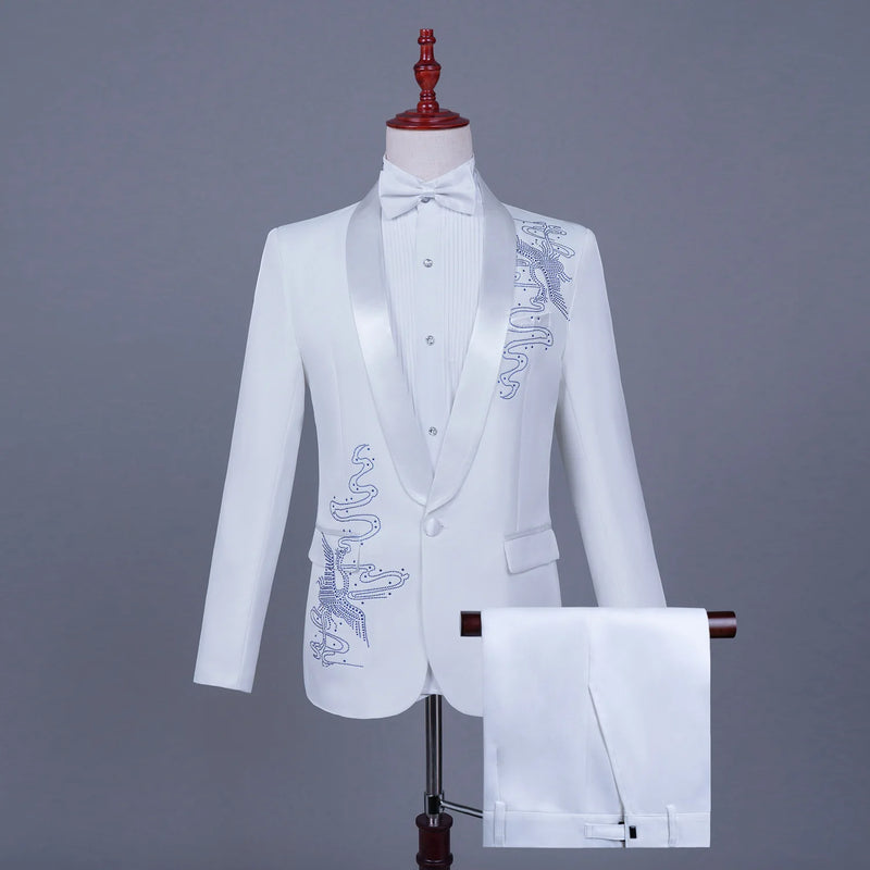 Men's Black Tuxedo Set with Diamond Embellished Jacket and Matching Trousers in White for Choirs/Stage Performances/Weddings