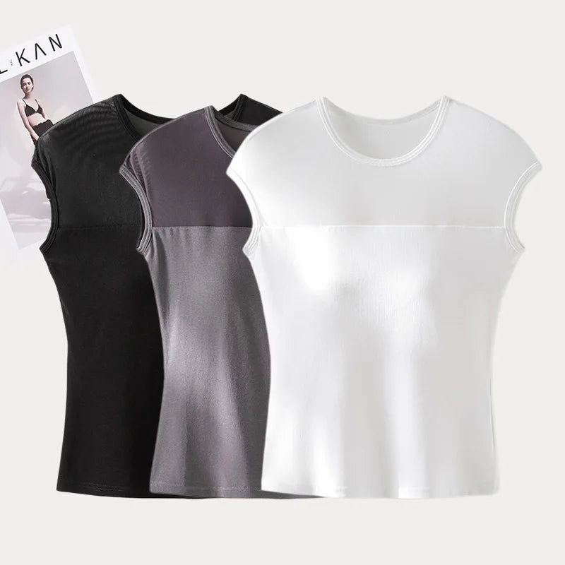 Mesh Splicing Fixed Breast Pad T-shirt for Women's Summer Slim Short-sleeved Bra Sleepwear Top One Piece Nightwear Pajamas
