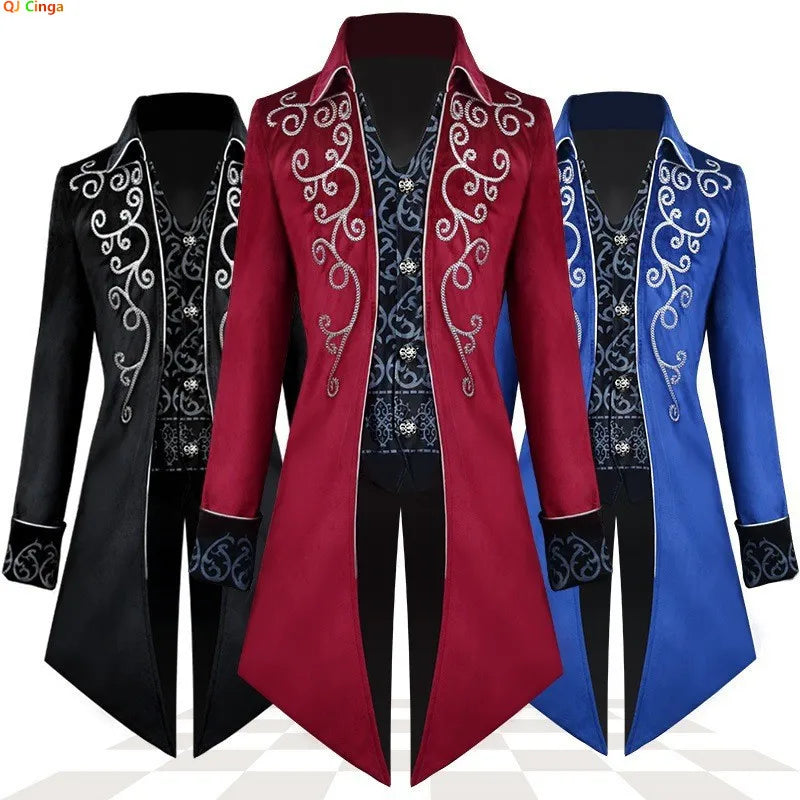 Red Embroidered Men's Long Jacket, Black Mock Two-piece Trench Coat, Purple Collared Vintage Tailcoat.