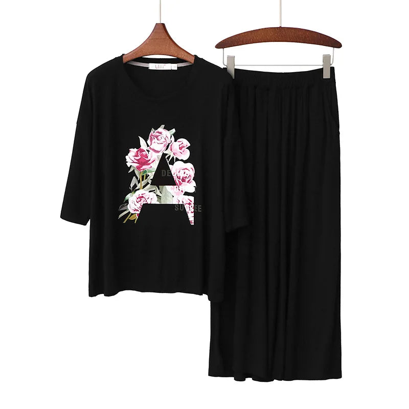 Spring Summer Round Neck Half Sleeve Capris Set Flower Print Home Wear Suit Women's Pajamas Modal Ladies Sleepwear Clothes