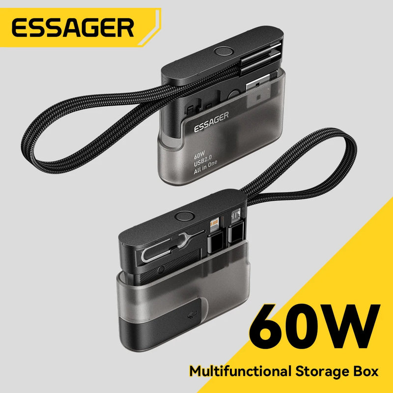 ខ្សែសាកទិន្នន័យ Essager PD 60W ពហុមុខងារ USB ប្រភេទ C សាកលឿនសម្រាប់ iPhone 17 16 15 ប្រអប់ផ្ទុកជាមួយប្រអប់ដាក់ឥវ៉ាន់ធ្វើដំណើរ