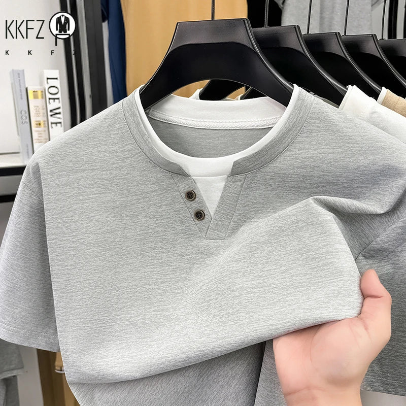 Mens Fake Two Piece Short Sleeve T Shirt Henley Neck Tops Casual Button Detail Tees For Men Daily Street Style Outfits