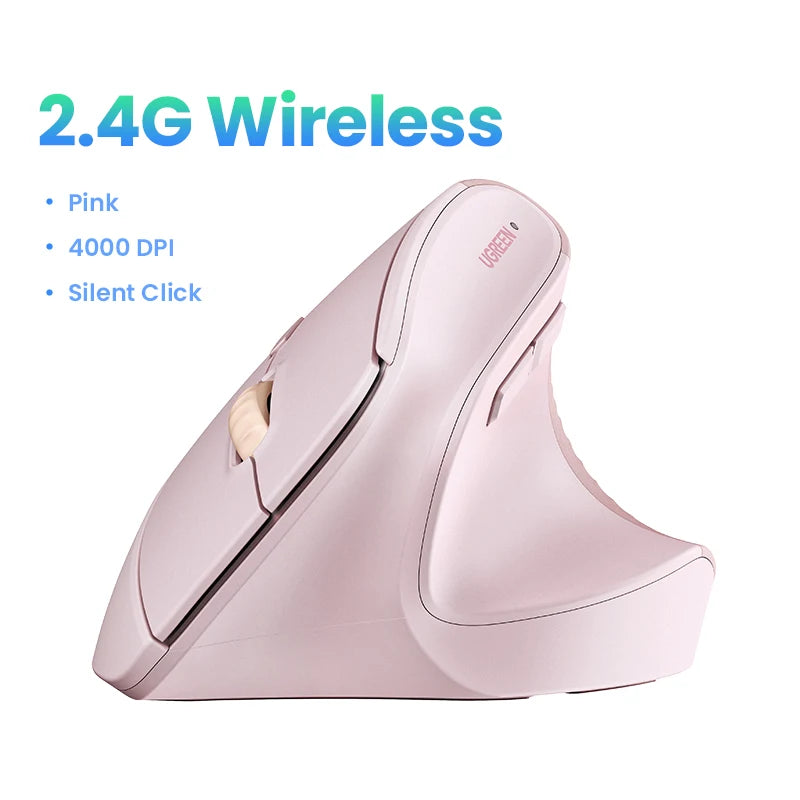UGREEN Wireless Mouse Vertical 2.4G Ergonomic 4000DPI 6 Mute Buttons for MacBook Tablet Laptops Computer PC Mice Black Pink