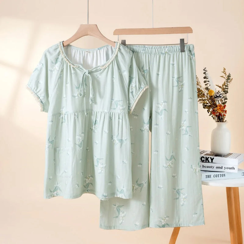Summer Short Sleeve Sleepwear Loungewear Sets Women Pajama Home Wear Pijama Suit 2026 New Floral Night Wear Ladies Pyjama Set