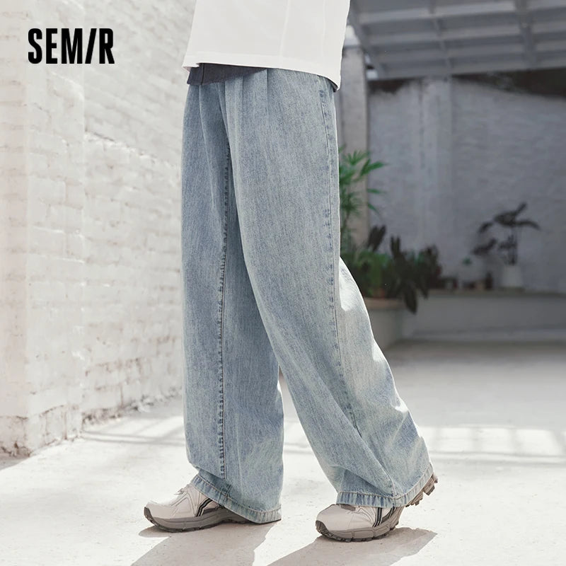 Semir Men Pants Denim Cotton Skin Friendly Loose Wide Leg Elastic Waist Drawstring Micro Pleated 2026 Summer Casual Style Fashio