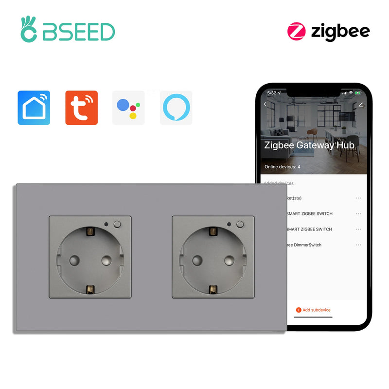 BSEED ZigBee Smart Socket Double Power Outlet Smart Wall Socket Plastic Frame Tuya Google Home Smart Life Control Blue Backlight