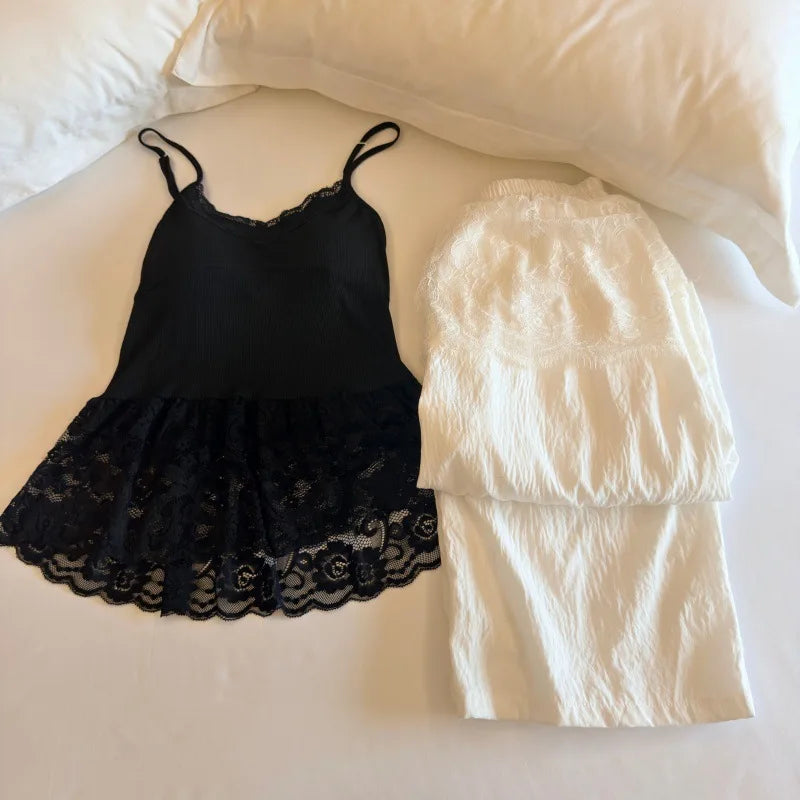 Thin Women's Pajamas Chest Pad Sleeveless Tops and Long Pants Sleepwear 2 Piece Home Clothes Comfortable Loungewear Pijama Suit