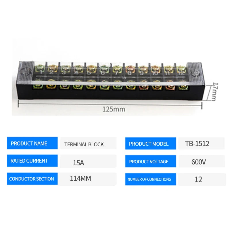 15A/25A/45A 3/4/6/8/10/12 Dual Row Barrier Screw Terminal Block Strip Wire Connector 600V Positions Optional