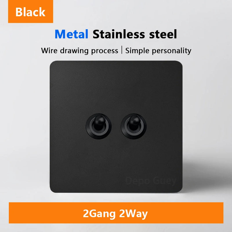 Black Retro Toggle Wall Light Switch Socket,Stainless Steel Universal UK Electrical Outlets with USB Type-C charging For Home