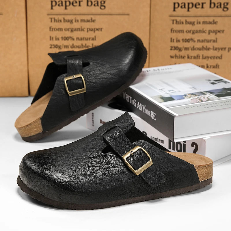 Unisex Cork Closed Toe Slippers Slip-on Clogs Slides Fashion Leather Sandals with Adjustable Buckle Backless Comfort Footbed