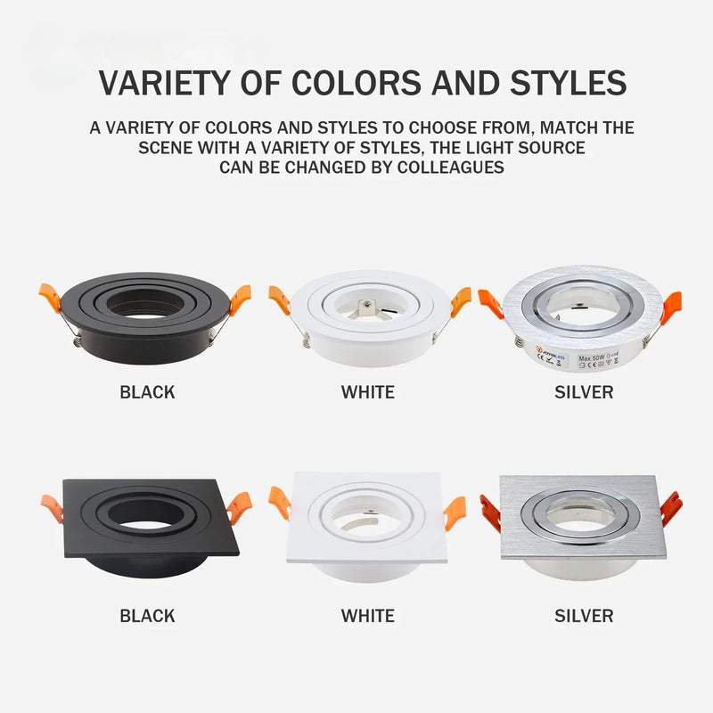 ចង្កៀង JOYINLED អាលុយមីញ៉ូម GU10 MR16 អាចលៃតម្រូវបាន រាងមូល ការ៉េ ពណ៌ខ្មៅ/ស/ប្រាក់ ស៊ុមចង្កៀង LED សម្រាប់ដាក់ចង្កៀង GU10 Downlight