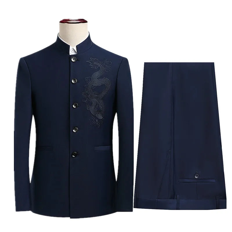 2026 Men's Gray Suit Two-Piece, China Style Single Breasted Lapel Jacket with Trousers, Asian Size Wedding/Party/Business Sets