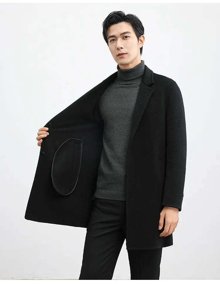 2026 New Winter Men's Camel Wool Coat, High-Quality Black Single-Button Long-Sleeve Jacket, Business/Office/Dinner Wear.