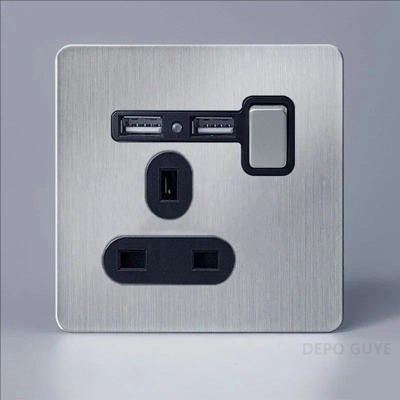 Retro EU France Socket Stainless Steel Brushed Double Power Outlet Toggle Metal Lever 1-4 Gang 2Way Wall Light Switch Panel RJ45