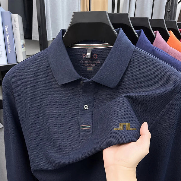 100% Cotton Men Long-Sleeve Polo Shirt Lapel Button Exquisite Pattern Printing Autumn Winter New Business Casual Men's Clothing