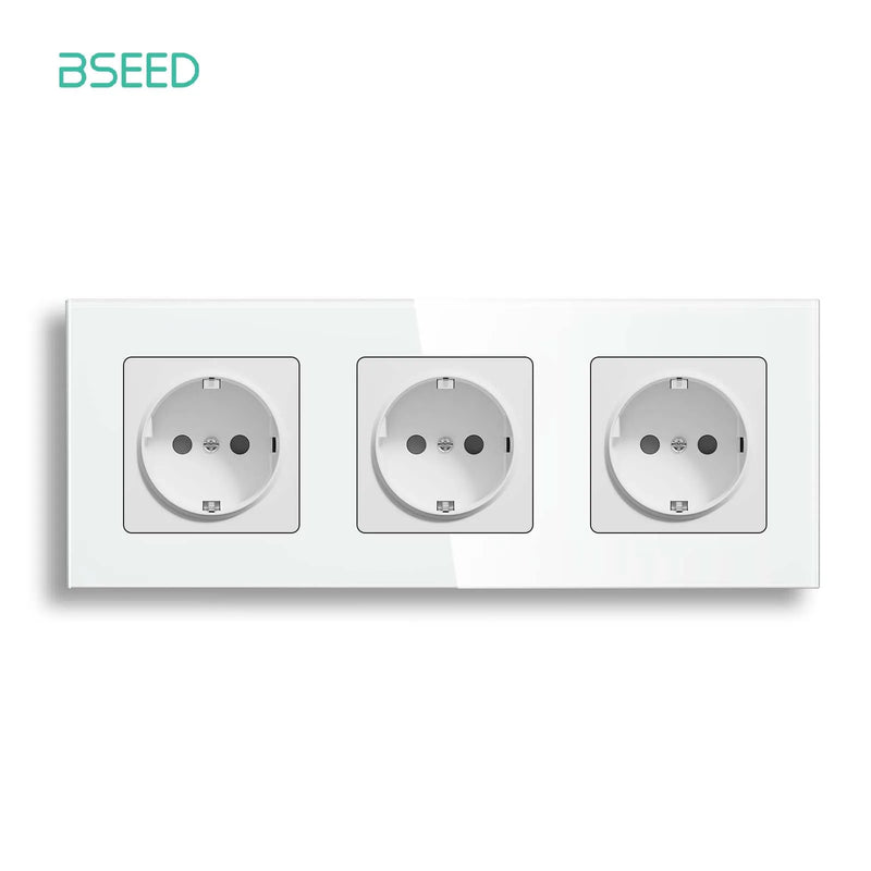 BSEED EU Power Socket Electrical Outlets Triple Power Plugs Crystal Glass Panel 16A European Standard Wall Socket 86*86mm