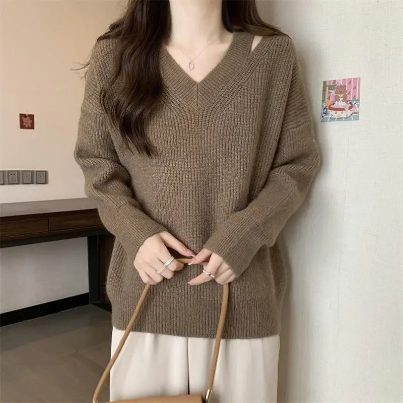 Lazy Style Sweater Long Sleeve Top Autumn Winter Solid Color Casual Women's Outside Wear Pullovers Knitting V Neck Pull Femme