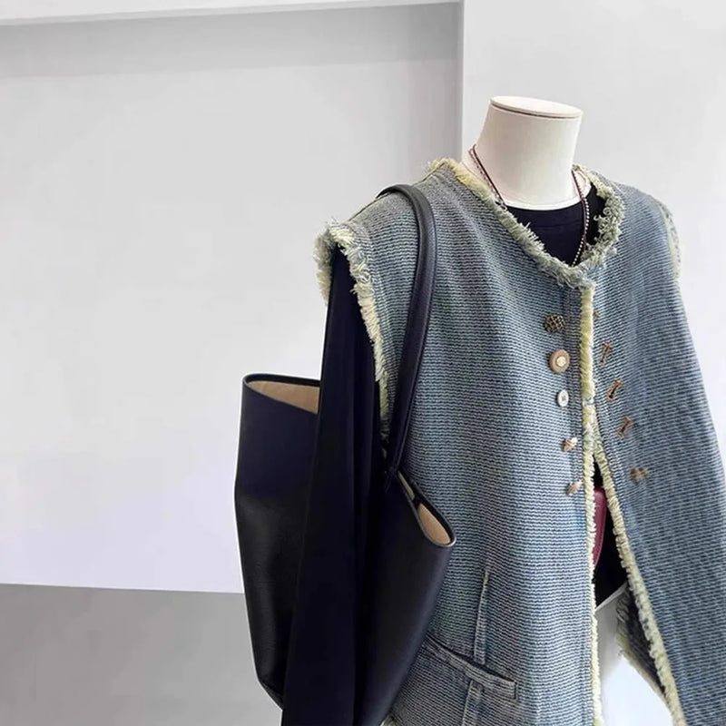 Retro Rough Edge Denim Vest Jacket Women's Spring Autumn Coat Fashionable Loose Sleeveless Top Female Waistcoat Casacos Traf