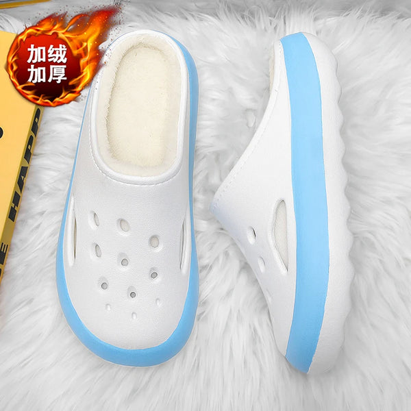 Indoor Soft Comfort Clogs with Fur Warm Plush Slippers Winter Home Cotton Shoes Half Shoes for Men Women Slip on Rubber Sandals