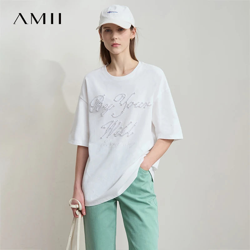 អាវ Amii សម្រាប់នារី រចនាបែបសាមញ្ញ រដូវក្តៅថ្មី កអាវរាងអក្សរ O រចនាអង្កាំ ដៃអាវស្បៃកប្បាស រចនាបែបទម្លាក់ស្មា អាវយឺតធម្មតា 12522079