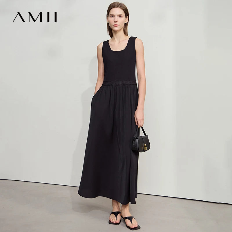 រ៉ូបនារី Amii Minimalist រដូវក្តៅឆ្នាំ ២០២៥ រ៉ូបការិយាល័យថ្មីសម្រាប់នារីការិយាល័យ ក U ចង្កេះស្ដើង ដៃអាវគ្មានដៃ កប្បាសរាងអក្សរ A ស្គម 12522044