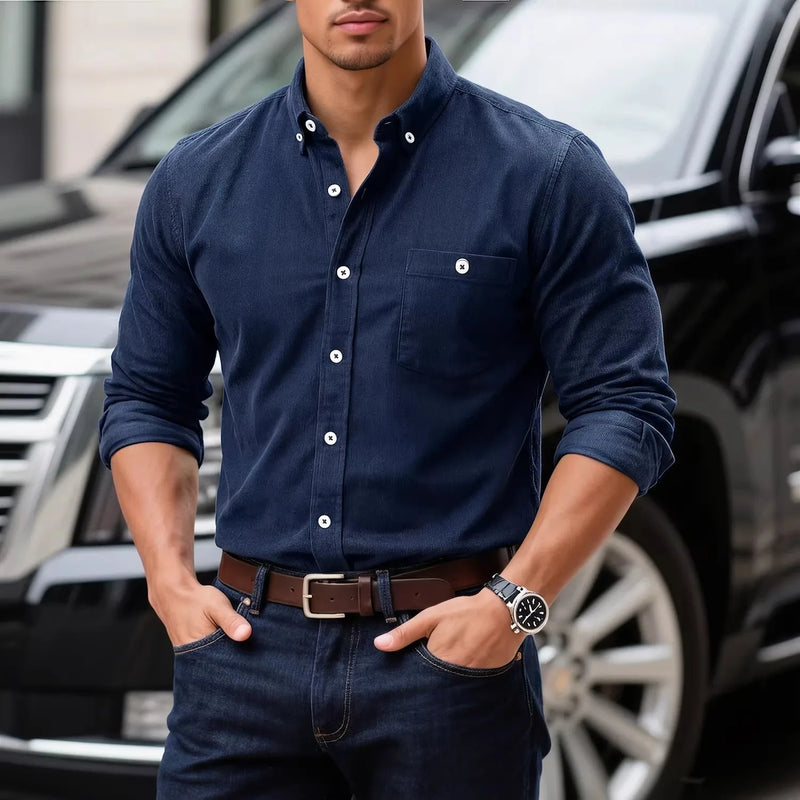 Men's Blue Long-sleeved Shirt, Corduroy Fabric Shirts, Asian-sized Fitted Top. Available in Red, Black, White, Green and Yellow.