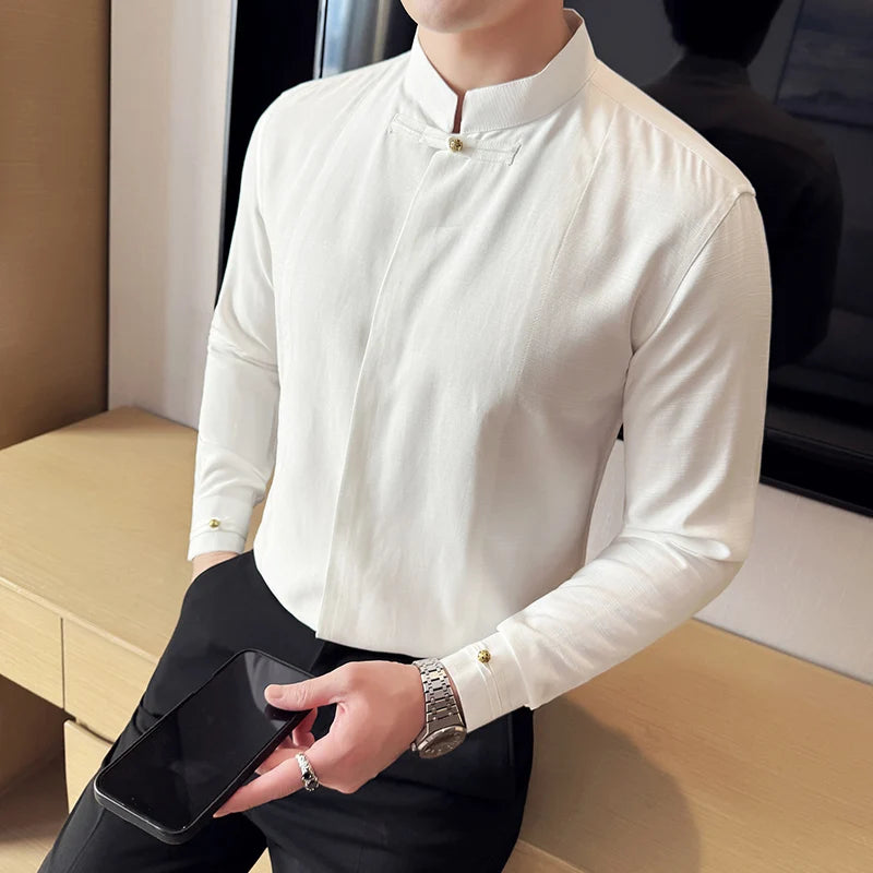 Men's Long-sleeve Slim-fit Stand Collar Shirt, Zhongshan Suit Style, Solid Color Shirt, Chinese Style Slim-fit Shirt.