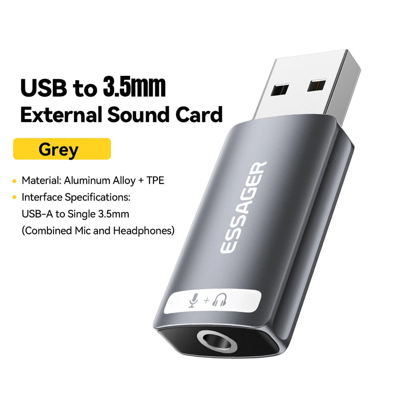 កាតសំឡេង Essager USB អាដាប់ទ័រ USB ខាងក្រៅ 3.5mm កាសស្តាប់ត្រចៀក មីក្រូហ្វូន ឧបករណ៍បំពងសម្លេង ចំណុចប្រទាក់អូឌីយ៉ូសម្រាប់កាតសំឡេងកុំព្យូទ័រកុំព្យូទ័រយួរដៃ PS4