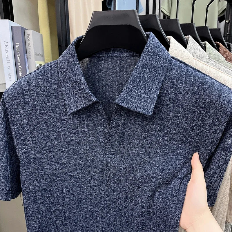 Men's Knitted Polo T Shirt Short Sleeve Ribbed Striped Design Breathable Fabric Lightweight Casual Business Summer Top