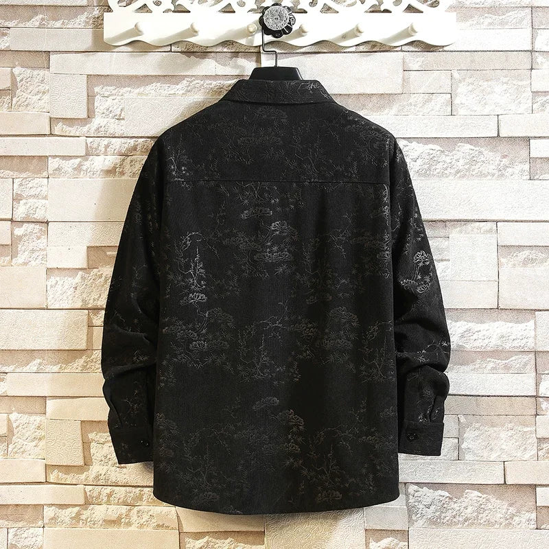 Men's Black Long-sleeve Printed Shirt, Single-breasted Button-down Shirts, Suitable for Weddings, Parties, Business,Casual Wear.
