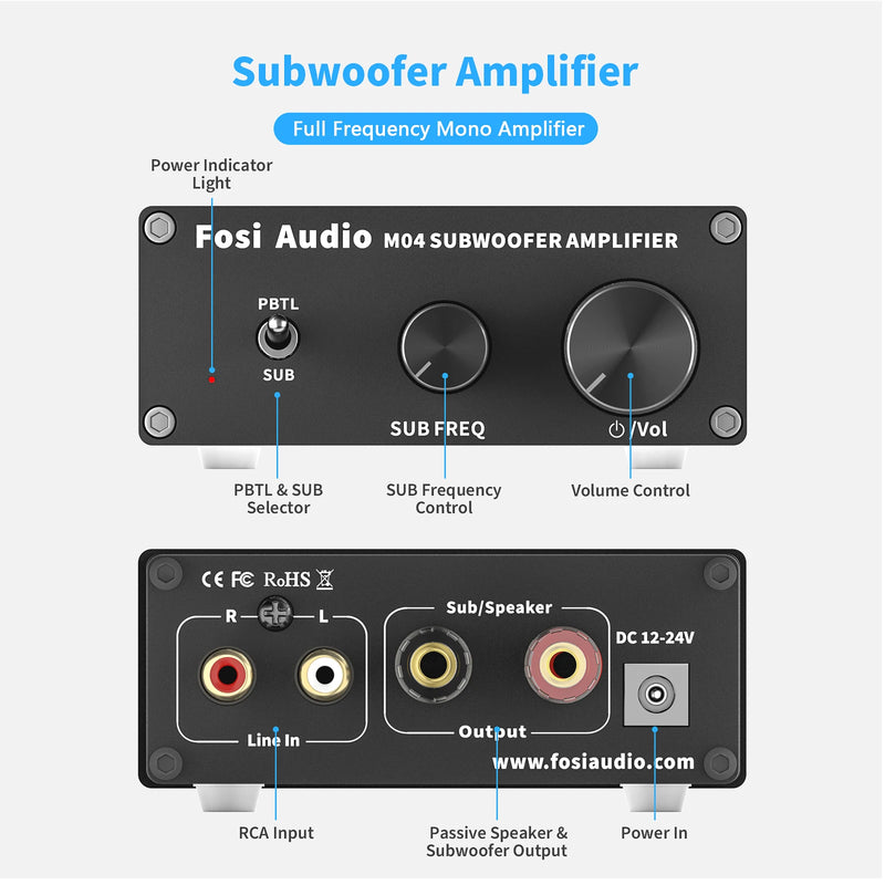ឧបករណ៍បំពងសម្លេងម៉ូណូ Fosi Audio អំភ្លីភ្លើ Subwoofer 100W ជាមួយឧបករណ៍បំពងសម្លេងបាសសម្រាប់ឧបករណ៍បំពងសម្លេងអកម្មនៅផ្ទះ M04