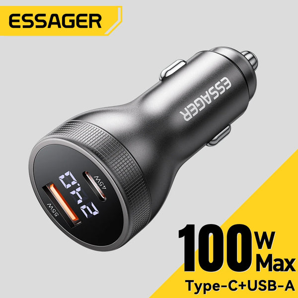 Essager 100W USB C Car Charger PD3.0 Fast Charging Quick Charge 4.0 Adapter for iPhone 16 MacBook Xiaomi Laptop Digital Dispaly