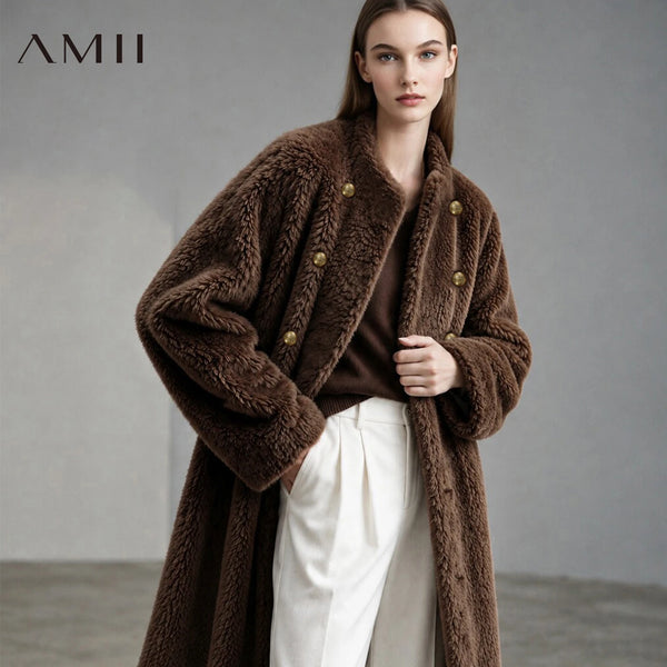 Amii Women's Wool Fur Coat Double-Breasted Long Length Lapel Collar Commuter Minimalist 2026 Winter Women Fur Coat 12624091