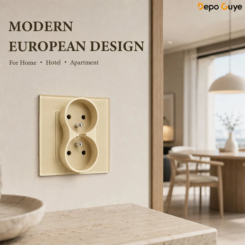 French Wall Socket Double Power Outlet FR Standard 16A Glass Panel Single Double Frame White Black Home Electrical Wall Socket