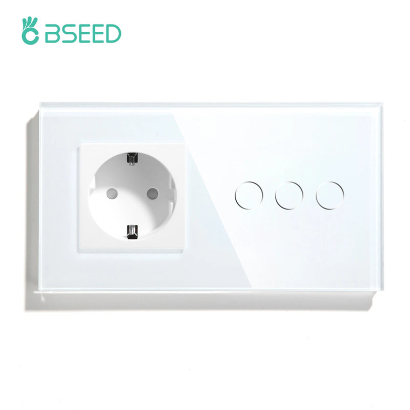 BSEED Wall Electrical Socket With 1/2/3Gang 1Way Touch Light Switch USB Type-c Charge Power Outlet Glass Panel White Wall Switch