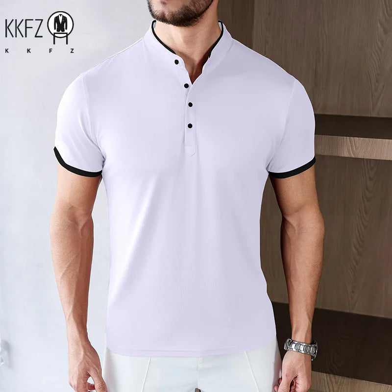 2025 New Men's Casual and Fashionable Solid Color Short Sleeved Stand Up Collar T-shirt Summer Versatile and Comfortable Top
