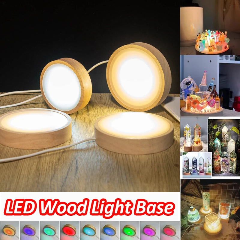 Wood Round LED Night Light Base Art Display Holder USB Lamp Holder for Crystals Glass Ball Resin Art Decoration Display Stand