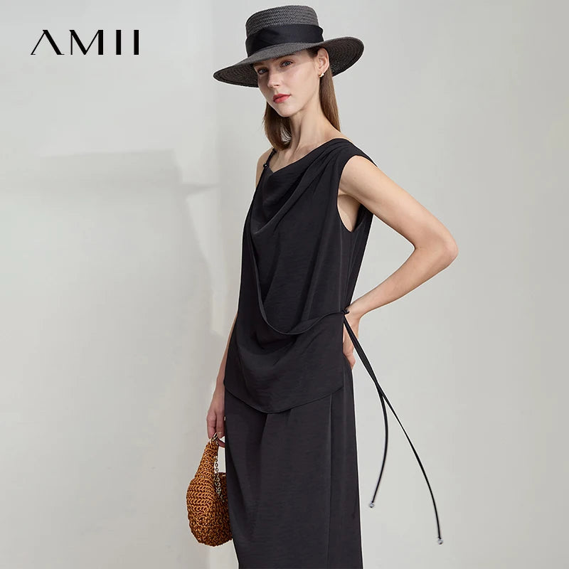 AMII Minimalist Solid Summer Camisole Dress Women New 2026 Sling Collar Pleated Sleeveless Loose Dresses Female Fashion 12552040