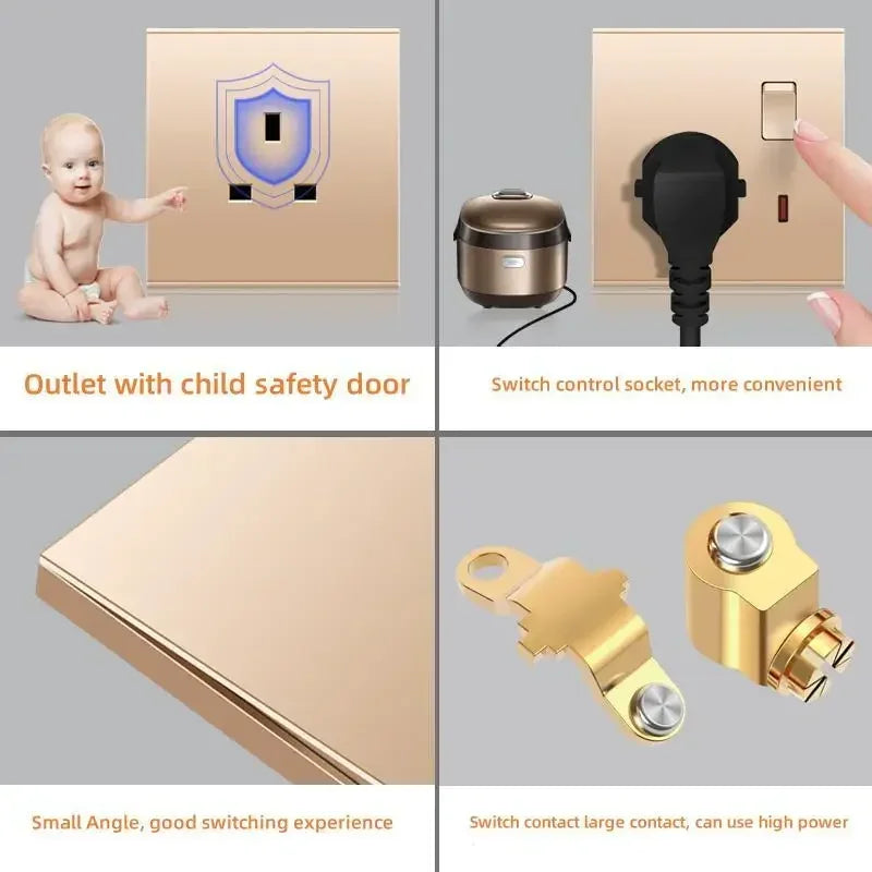 Uk Type 86 13A Universal Rose Gold 220V Wall Large Warped 1gang2way Cross Button Light Switch,USB Electric Plug Wall Socket