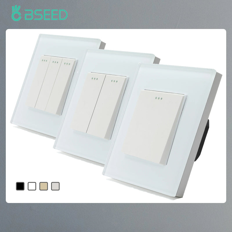 BSEED Mechanical Wall Light Switch Button 1/2/3Gang 1Way Crystal Glass Panel Power Switch On Off 250V White Black