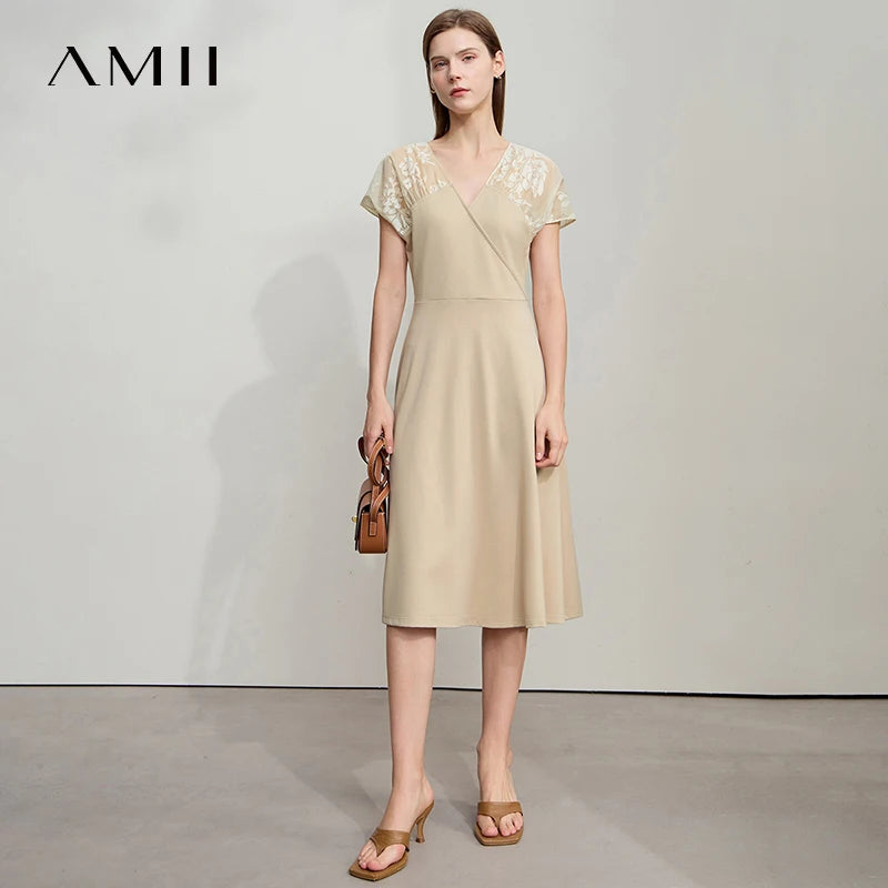 រ៉ូប Amii Minimalist Casual សម្រាប់នារី រដូវក្តៅ ឆ្នាំ២០២៥ ថ្មី សម្រាប់នារីការិយាល័យ ដៃខ្លី ក V ចង្កេះស្ដើង រ៉ូបចរ 12542261