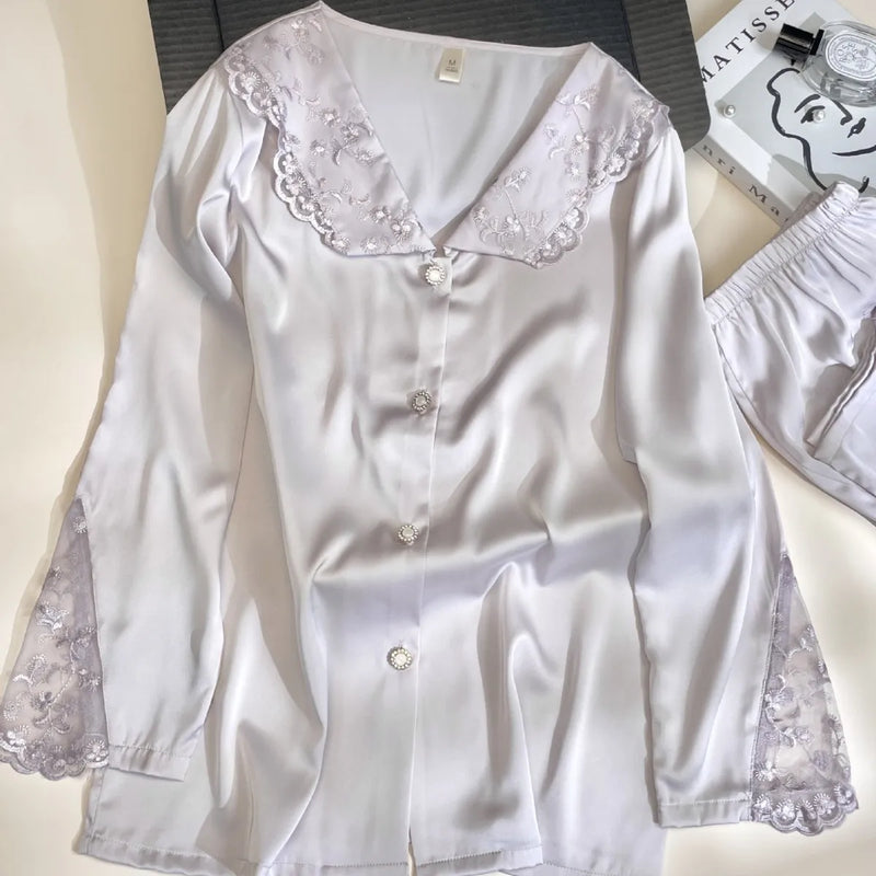 Embroidered Lace Lapel Pajama Sets Ice Silk Long Sleeve Trousers Suit Spring Autumn Women's Sleepwear Pyjama Home Suit For Women