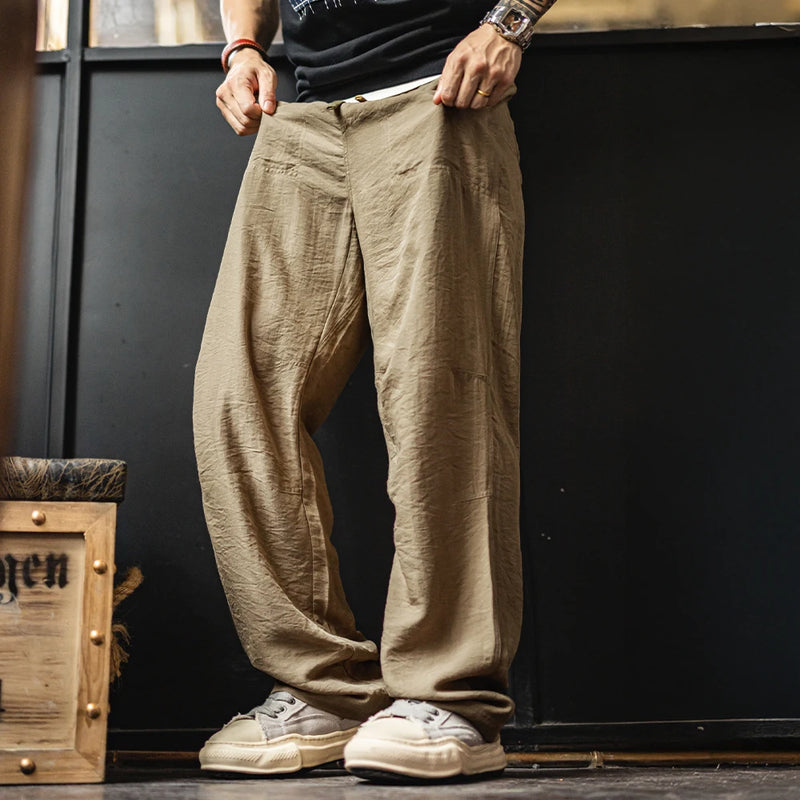 ខោ Maden បុរស Vintage Chino ខោស្រាលលាយក្រណាត់ Linen ជាមួយនឹងចង្កេះយឺត ខោ Khaki Baker សម្រាប់រដូវក្តៅ និងរដូវស្លឹកឈើជ្រុះ